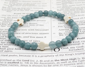 Aquamarine Gemstone Prayer Bracelet with Stone Crosses