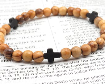 Olivewood Prayer Bracelet with Black Stone Crosses