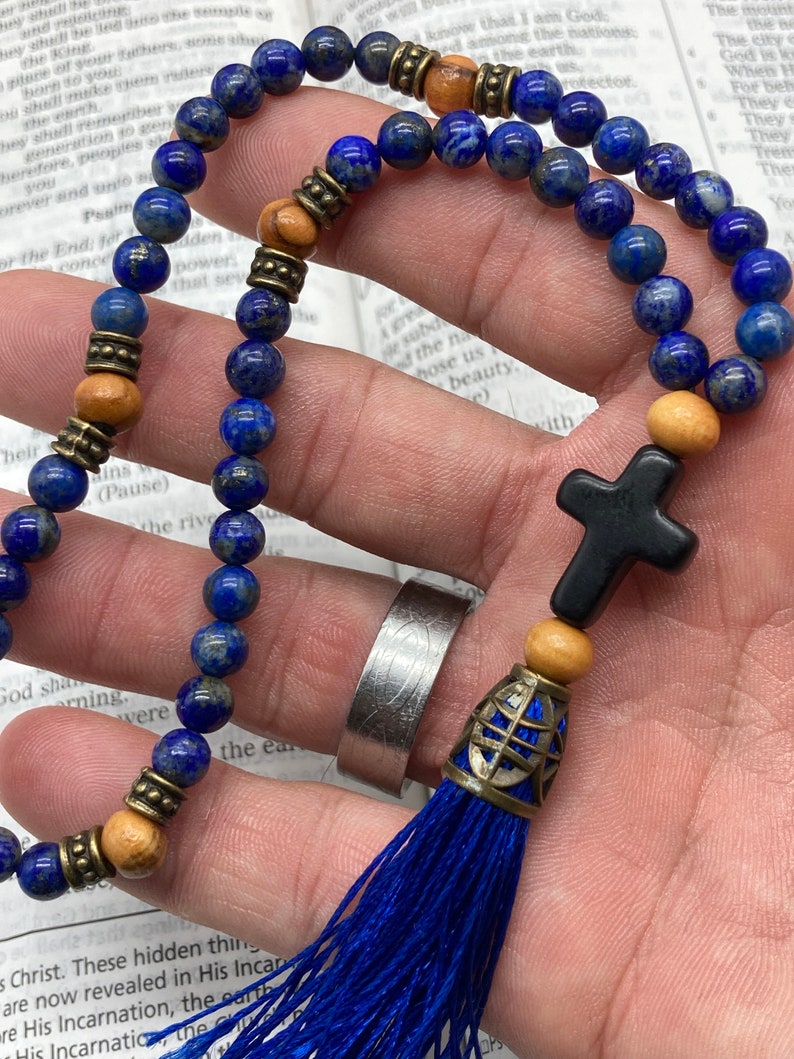 Corde de prière orthodoxe, perles de lapis lazuli, avec croix en pierre, espaceurs en bois d'olivier de Jurusalem, chotki, komboskini, chapelet, image 5
