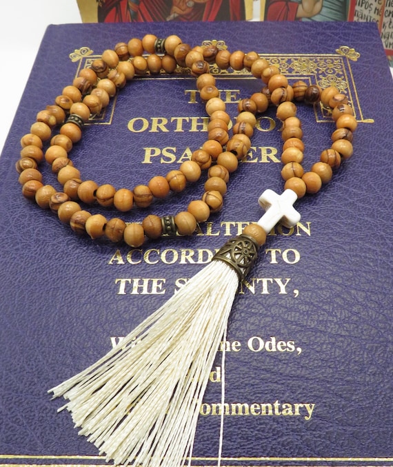 Olive Wood Prayer Rope: Turquoise Cross, Orthodox Rosary