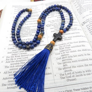 Corde de prière orthodoxe, perles de lapis lazuli, avec croix en pierre, espaceurs en bois d'olivier de Jurusalem, chotki, komboskini, chapelet, image 9