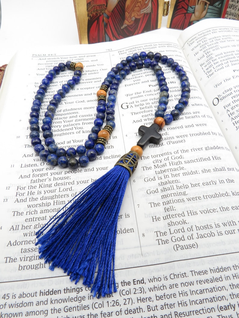 Corde de prière orthodoxe, perles de lapis lazuli, avec croix en pierre, espaceurs en bois d'olivier de Jurusalem, chotki, komboskini, chapelet, image 9