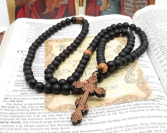 Onyx Prayer Rope with Olive Wood Beads and Byzantine Cross