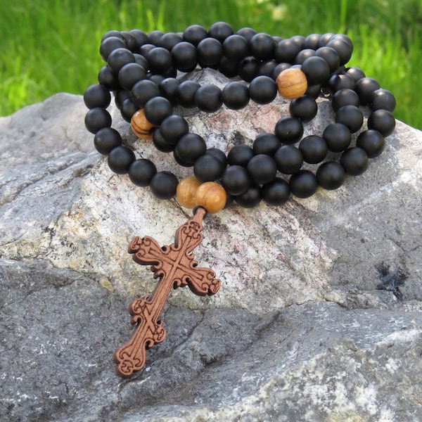 Orthodox prayer rope, Chotki, Komboskini, Rosary 100 onyx stone beads with Byzantine wooden cross