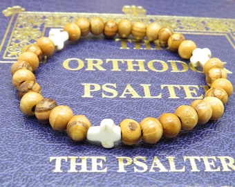Olivewood Prayer Bracelet: Christian Rosary with White Stone Crosses