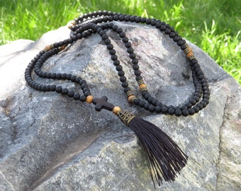 Orthodox prayer rope, Chotki, Komboskini, Rosary 200 onyx gemstone beads, Jurusalem olivewood and antiqued bronze spacers, stone cross.