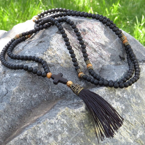 Handcrafted Onyx Gemstone Prayer Rope: Jerusalem Olive Wood Accent Beads, Komboskini Rosary
