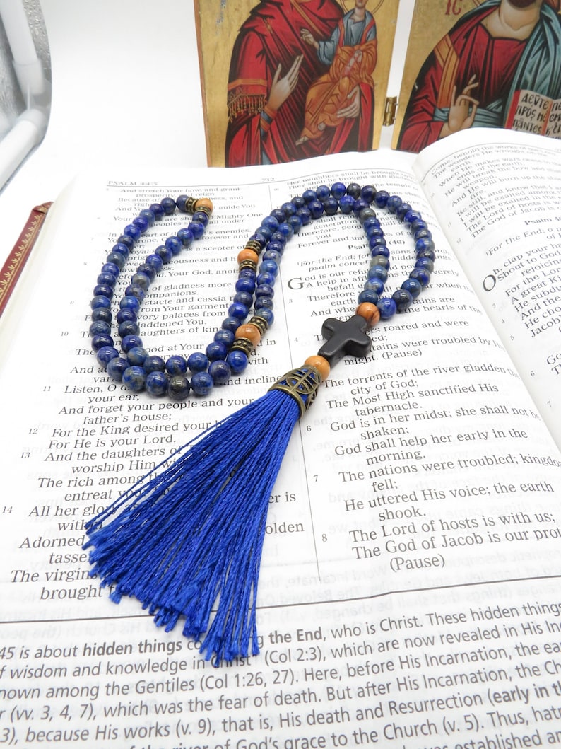 Corde de prière orthodoxe, perles de lapis lazuli, avec croix en pierre, espaceurs en bois d'olivier de Jurusalem, chotki, komboskini, chapelet, image 1