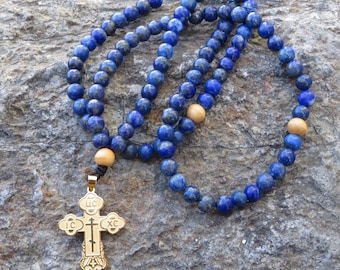 Cordón de oración ortodoxo de lapislázuli: cuentas de madera de olivo, cruz de acero inoxidable