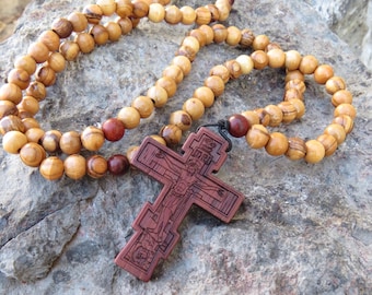 Olivewood Orthodox Prayer Rope: Komboskini Rosary with Byzantine Cross