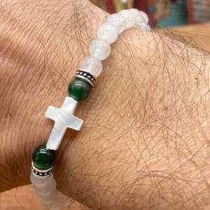 White jade gemstone, Prayer bracelet, Komboskini, Chotki, Rosary, Mother of Pearl shell cross, green jade beads, Cross Bracelet