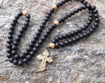 Onyx Orthodox Prayer Rope: Gold Byzantine Cross, Olivewood Accents