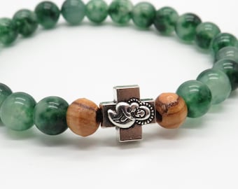 Chalcedony Jade Prayer Bracelet: Olive Wood, Silver Cross
