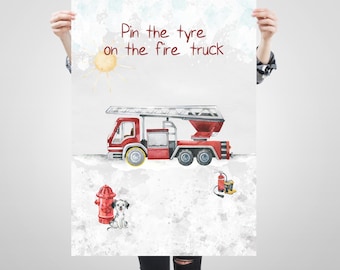 Può includere: Un camion dei pompieri rosso con una scala e una manichetta. Il camion è su uno sfondo bianco con un sole e un idrante. Il testo "Pin the tyre on the fire truck" è scritto in rosso nella parte superiore dell'immagine.