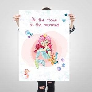 Pin the crown on the mermaid, party game, kids party games, mermaid game, custom pin the tail, mermaid theme, mermaid party game