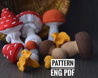 Mushroom Set, English Crochet Pattern PDF