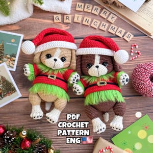 Christmas Crochet Pattern: Dog Amigurumi in Green Villain Costume Puppy toy PDF in ENG