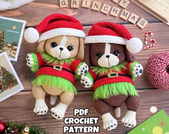 Weihnachtliche Häkelanleitung: Hund Amigurumi im Grün Bösewicht Kostüm Welpe Spielzeug PDF in ENG