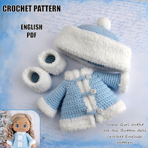 Traje de niña de nieve con patrón inglés de ganchillo para la muñeca Button
