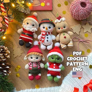 Crochet christmas tree decorations toys set 5 in 1 pattern crochet PDF in Eng Santa Claus snowman gingerbread elf crochet