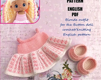 Crochet and knitting English pattern blonde outfit for the Button doll.