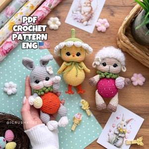 Crochet pattern Set 3 in 1 Easter animals Rabbit Sheep Chicken PDF in ENG amigurumi crochet Easter decoration
