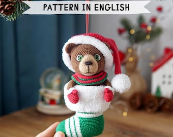 Crochet pattern Teddy Bear in the sock - Christmas tree decoration. PDF amigurumi pattern in English.