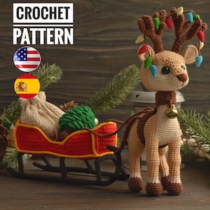 Set Christmas toys: Reindeer with a sleigh a bag for gifts and Christmas tree, PDF English Español pattern, Christmas décor