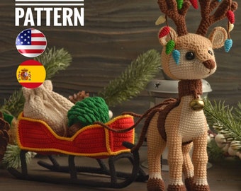 Set Christmas toys: Reindeer with a sleigh a bag for gifts and Christmas tree, PDF English Español pattern, Christmas décor