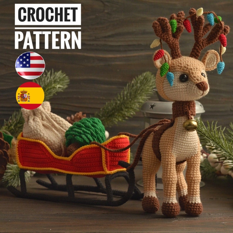 Set Christmas toys: Reindeer with a sleigh a bag for gifts and Christmas tree, PDF English Español pattern, Christmas décor image 1