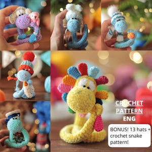 Crochet snake pattern PDF ENG funny snake amigurumi in a hat set of crochet patterns crochet snake tutorial