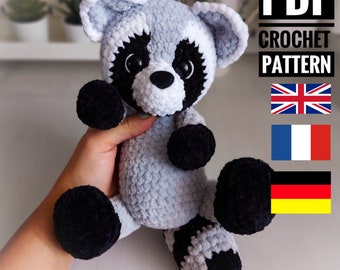 Modèle de crochet de raton laveur, tutoriel de crochet d'amigurumi, pdf d'animal de forêt, modèle de häkelanleitung sur l'anglais, le français, l'allemand