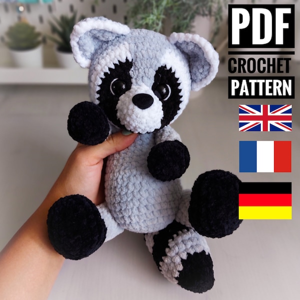Raccoon crochet pattern, amigurumi crochet tutorial, forest animal pdf, häkelanleitung pattern on English, French, German