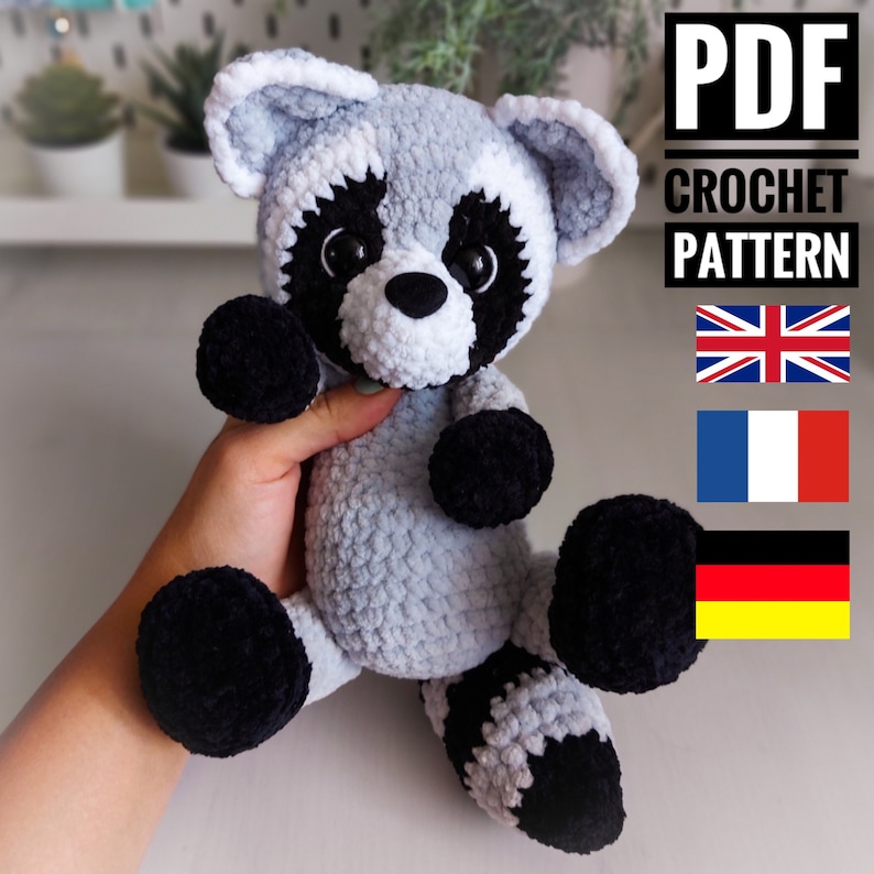 Raccoon crochet pattern, amigurumi crochet tutorial, forest animal pdf, häkelanleitung pattern on English, French, German zdjęcie 1