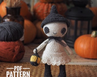 PATTERN Amigurumi Ghost in Witch Hat , Crochet Halloween Spirit ,English PDF pattern