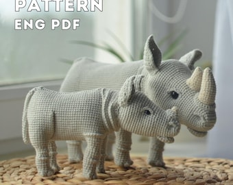 Crochet pattern 2 in 1 amigurumi rhino family Large and small rhinos PDF ENG