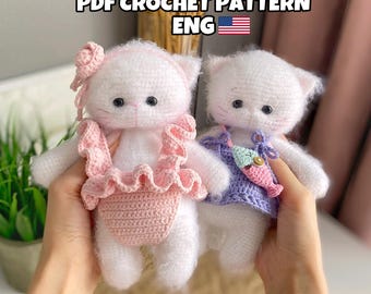 Crochet cat pattern PDF in Eng, amigurumi kitty pattern, cute crochet kitty, fluffy crochet kitty toy