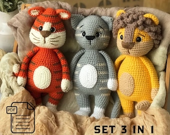 Crochet Amigurumi Patrón Inglés Set 3 en 1 León Tigre y Gatito PDF Amigurumi León Cub Tiger Cub Gatito Crochet Juguete