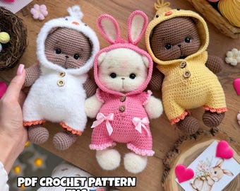 Ostern Häkelanleitung 3 in 1: Bär in Latzhose Küken, Hase, Gans amigurumi PDF in ENG