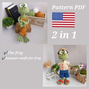 May include: Crocheted frog doll in two outfits. One frog is wearing orange overalls, the other is in a summer outfit with a hat, shirt, and shorts. The image includes the text "Pattern PDF" and the American flag.