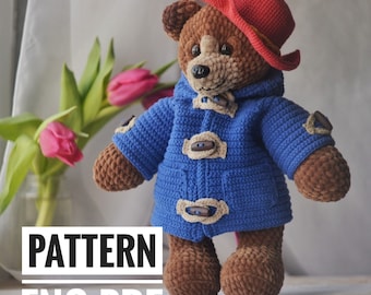 Plush bear in coat and hat, PDF ENGLISH crochet pattern