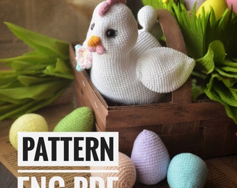 Pollo realista de Pascua con huevos y flores, patrón Pollo Amigurumi, pdf en inglés