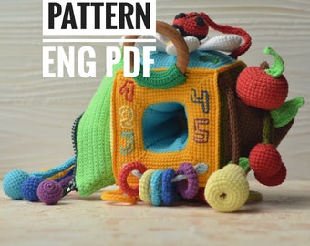 Activity cube crochet pattern sensory toy amigurumi pattern didactic cube, educational Montessori toy, pattern in English
