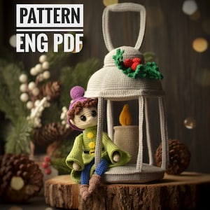 Lanterna natalizia con motivo candela all&#39;uncinetto, gnomo amigurumi, modello giocattolo elfo natalizio