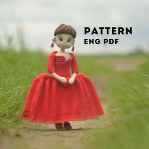 Crochet pattern of a doll in a beautiful red dress amigurumi instructions for making an amigurumi toy pattern in PDF format in English