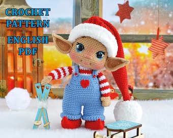 May include: Crochet pattern for a Christmas elf doll wearing a red and white striped shirt, blue overalls, and a red Santa hat. The elf is holding a pair of blue skis. The pattern is in English and is available as a PDF download. CROCHET PATTERN ENGLISH PDF