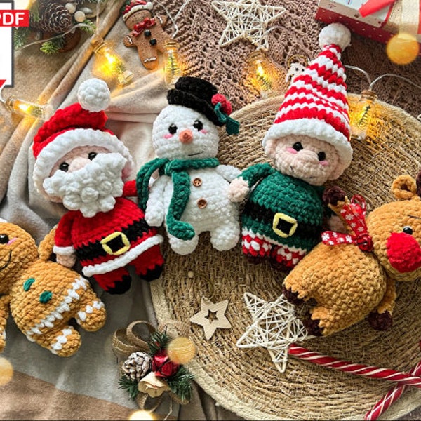 Lot de 5 modèles de Noël au crochet : bonhomme de neige, nain, cerf, père Noël, bonhomme en pain d'épice, modèle de Noël au crochet