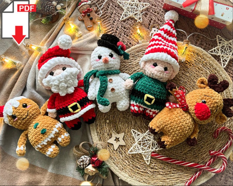 Set of 5 christmas crochet patterns: snowman, gnome, deer, santa claus, gingerbread man, christmas crochet pattern image 1