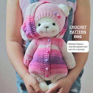 Crochet pattern Big bear in a Jumpsuit with Knitting Needles Pdf ENG Amigurumi bear crochet teddy bear pattern teddy bear