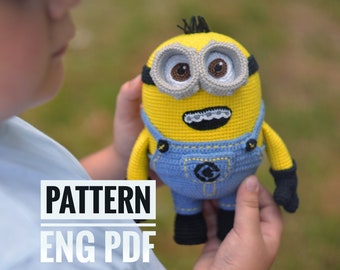 Crochet pattern Yellow funny character in blue denim overalls, amigurumi crochet toy, English PDF digital pattern